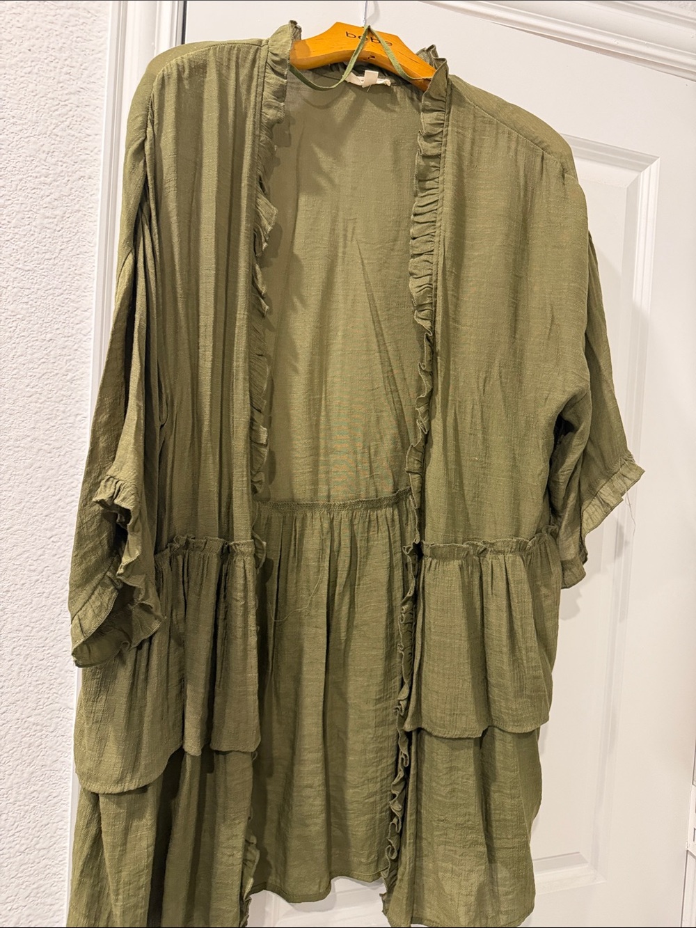 easel Olive Green Ruffle-Trim Open Front Jacket